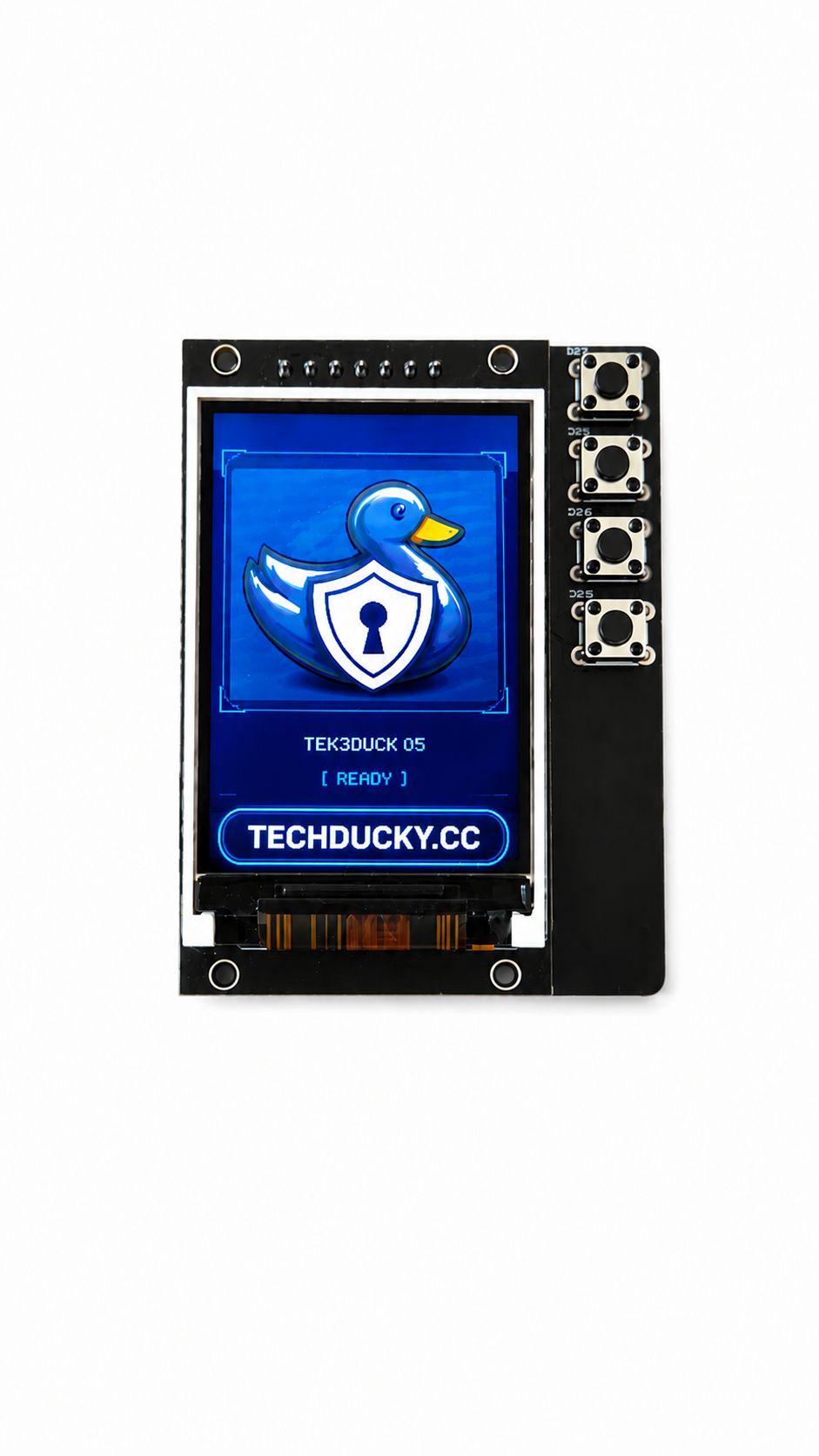Ducky V1 — front view with the 2 inch LCD showing the TechDucky logo, four navigation buttons and the ESP32-S3 board